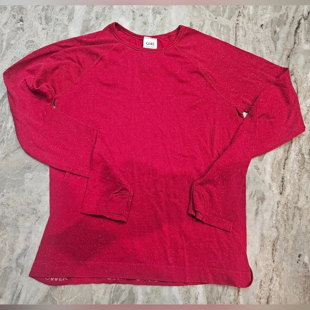 Athleta Girl Red Shimmer Long Sleeve Top L 12 Ribbed Stretch Activewear Shirt